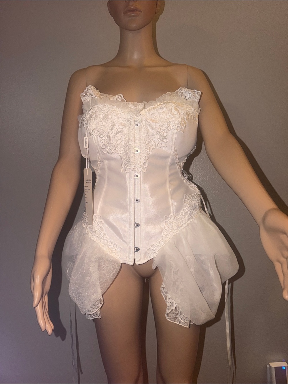 White Lace Bridal Corset Bustier with Tulle Accent
